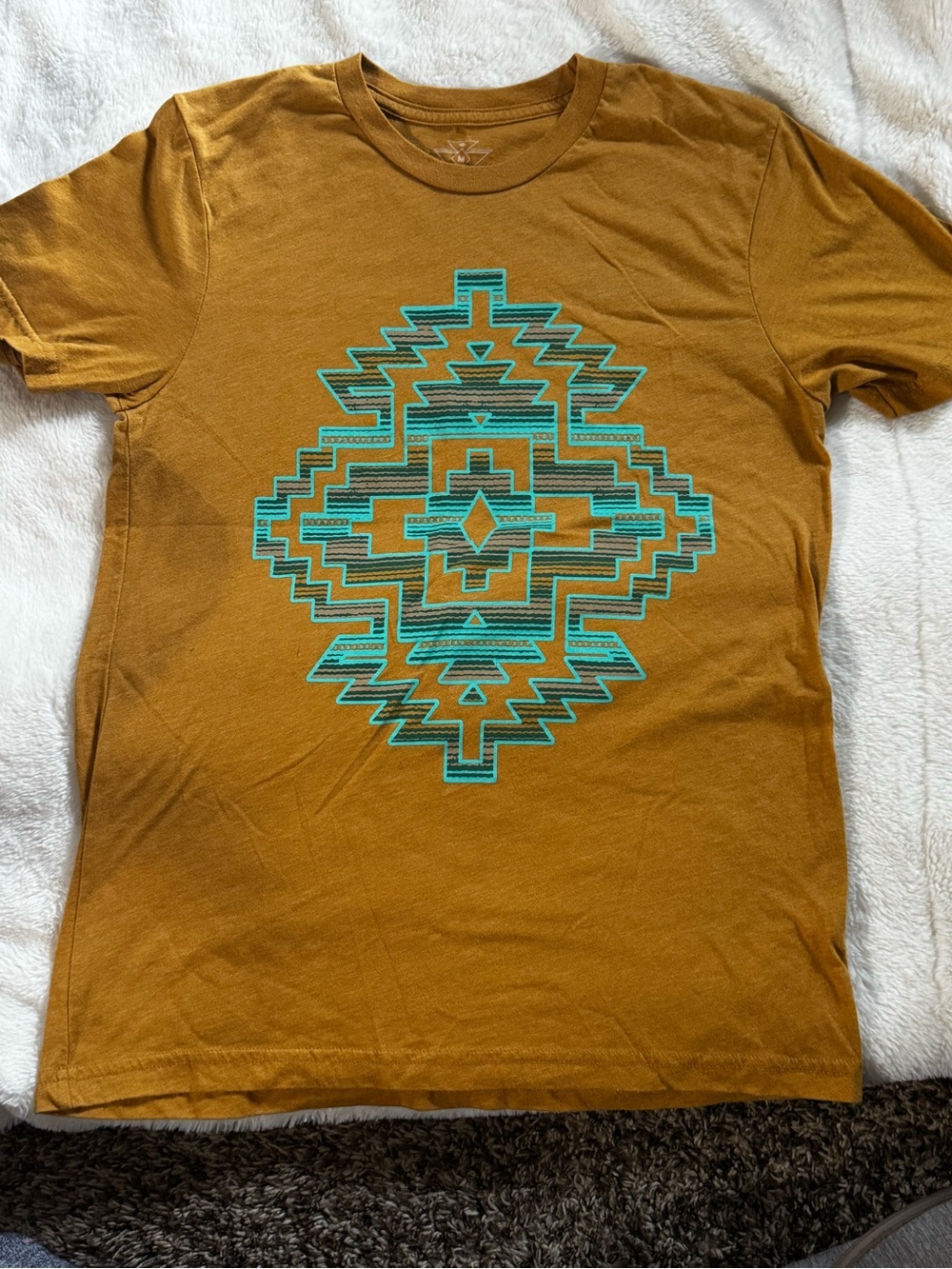 Crazy Train Teal Aztec Graphic Tee on Mustard Body
